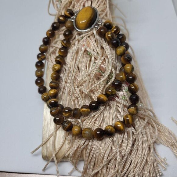 New, Stamped, Tiger's Eye Double Row Beaded Stretch Bracelet in Stainless Steel - Picture 8 of 9